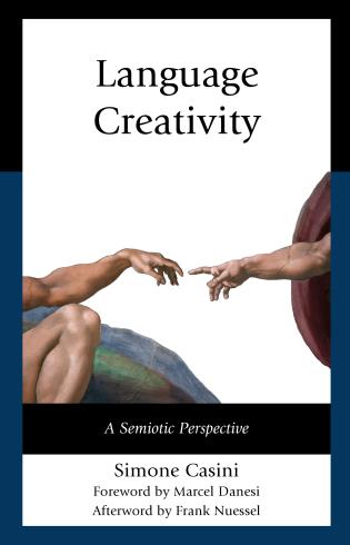 Book cover of "Language Creativity" showing index fingers from two hands reaching for each other.
