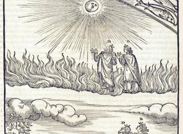 A woodcut of Dante and Beatrice ascending to Paradise