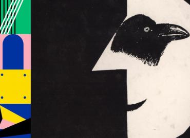 Book cover of Primo Levi&amp;#039;s &amp;quot;Storie naturali&amp;quot;. Abstract in style, the print shows lines, dots, angled and arched shapes in black, white, green, pink, yellow, blue; and a human profile silhouette with a profile of a crow’s head in the place of the eye.