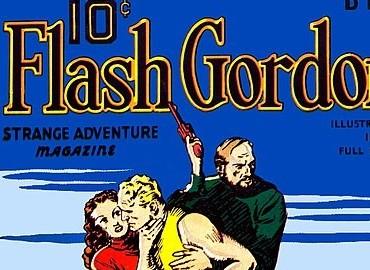 American comic book cover of Flash Gordon portraying the hero held by his love interest, Dale Arden, and his acquaintance Dr. Zarkov.