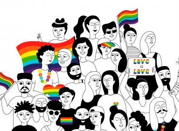 Colour animation drawn image. A group of 25 smiling people with rainbow flags and like-coloured accessories including a &amp;quot;Love is Love&amp;quot; sign.