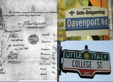 One black and white image of the Toronto Purchase of 1805. Two colour photos of street signage for Davenport Road and College Street.