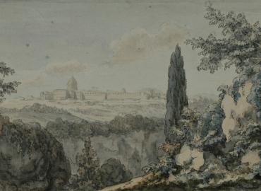 Watercolour by Johann Wolfgang von Goethe: St. Peter&amp;#039;s Basilica in Rome seen from the Arco Oscuro, a doorway near the Villa Giulia 