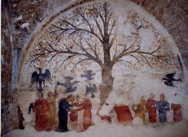 A photo of a medieval mural in Massa Marittima (province of Grosseto, region of Tuscany), Italy. Its main feature is a tree, some birds, and some women. The tree is laden with male genitalia.