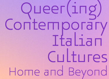 Queer(ing) Contemporary Italian Cultures: Home and Beyond, with a purple and pink background