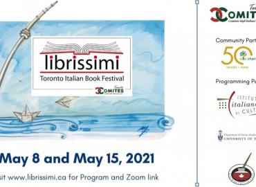 Drawn image of CN Tower as paintbrush over blue water paper boats with text - Librissmi Toronto Italian Book Festival, May 8 and May 15, 2021, visit www.librissimi.ca for Program and Zoom link.